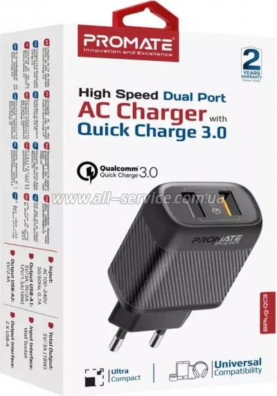 �������� ������� Promate 18W 2xUSB-A (biplug-qc3.eu-bk)