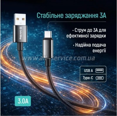 ���� ������ USB 2.0 AM to USB-C 2.0m 3A zinc alloy braided black ColorWay (CW-CBUC099-BK)