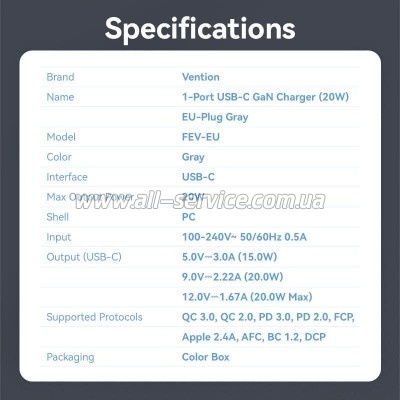 �������� ������� Vention USB-C PD20W GaN gray (FEVH0-EU)