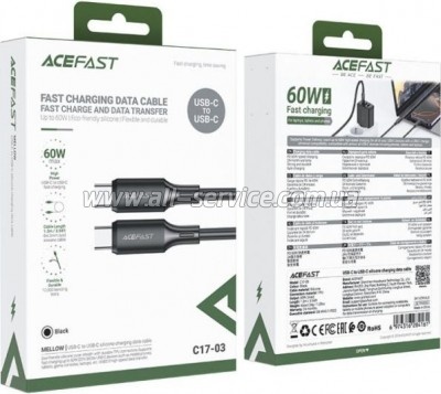 ���� ������ USB-C to USB-C 1.2m 3A 60W silicone black Acefast (6974316284161)