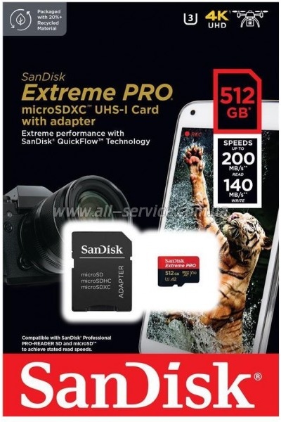   SanDisk 512 GB microSDXC UHS-I U3 Extreme Pro+SD Adapter (SDSQXCD-512G-GN6MA)