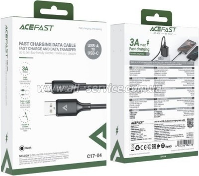 ���� ������ USB 2.0 AM to USB-C 1.2m 3A 60W silicone black Acefast (6974316284178)