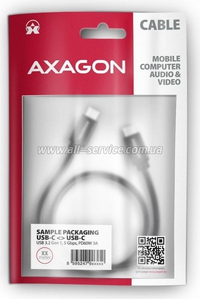 ���� ������ USB-C to USB-C 1.0m v3.2 Gen 1 PD 60W 3A black AXAGON (BUCM3-CM10AB)