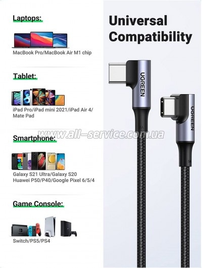 ���� ������ USB-C to USB-C 1.0m 100W black Ugreen (70696)