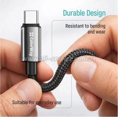 ���� ������ USB 2.0 AM to USB-C 1.0m 3A zinc alloy braided black ColorWay (CW-CBUC098-BK)
