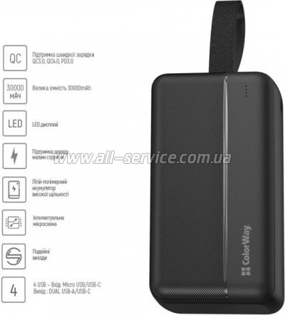   ColorWay 30000 mAh High-power 2 PD/ 20W, QC/ 3.0, USB-C/ Micro-USB (CW-PB300LPC2BK-PD)