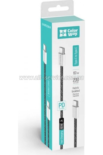 ���� ������ ColorWay USB-C to USB-C 2.0m PD Fast Charging 60W 3.0� black (CW-CBPDCC068-BK)