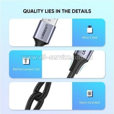 ���� ������ USB 2.0 AM to USB-C 2.0m US288 Aluminum Braid Black Ugreen (60128)