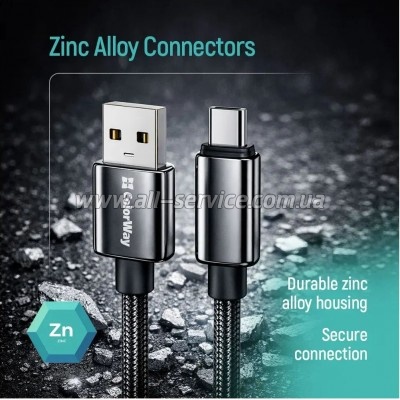 ���� ������ USB 2.0 AM to USB-C 1.0m 3A zinc alloy braided black ColorWay (CW-CBUC098-BK)