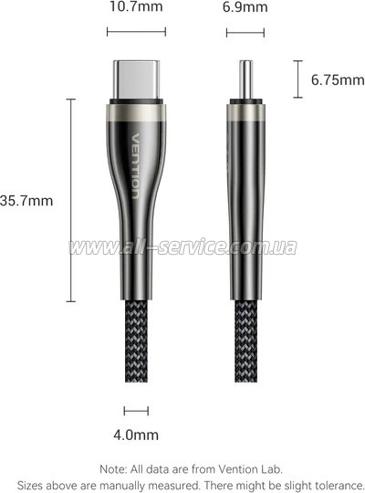 ���� ������ USB-C to USB-C 1.2m 5A nylon braided black Vention (CTYBAV)