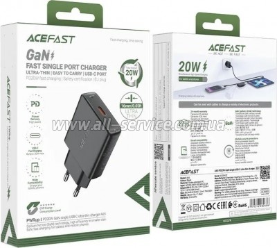 �������� ������� Acefast A65 USB-C PD 20W GaN ultra-thin Black (6974316282686)