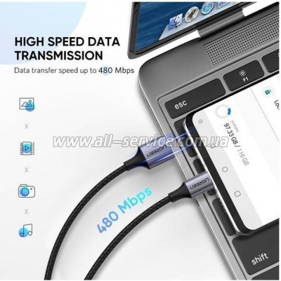 ���� ������ USB 2.0 AM to USB-C 2.0m US288 Aluminum Braid Black Ugreen (60128)