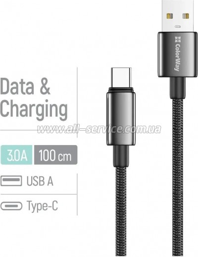 ���� ������ USB 2.0 AM to USB-C 1.0m 3A zinc alloy braided black ColorWay (CW-CBUC098-BK)