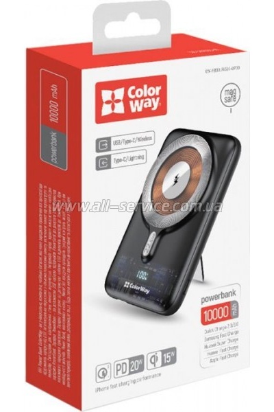   ColorWay 10000 mAh 15W MagSafe USB QC3.0 + USB-C PD 22.5W (CW-PB100LPA3BK-WPDD)