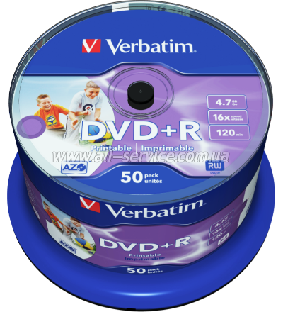���� Verbatim DVD+R 4.7 GB/120 min 16x Printable Cake Box 50�� (43512)