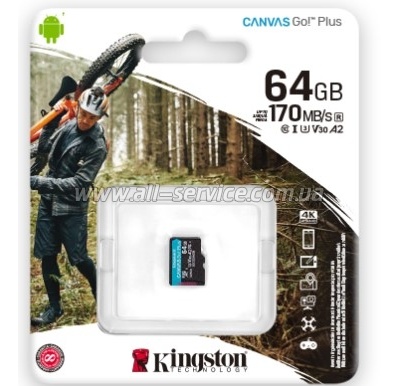   Kingston MicroSDXC 64GB Canvas Go! Plus Class 10 UHS-I U3 V30 A2 (SDCG3/64GBSP)