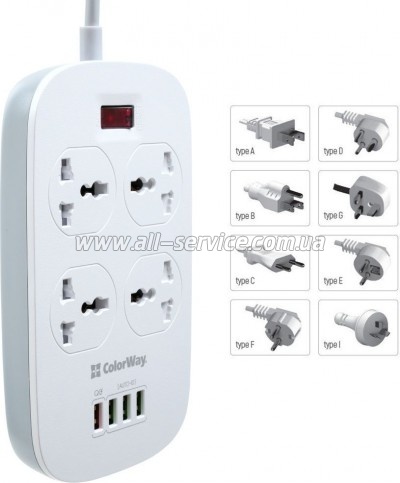 ������� ������ �olorWay 4 �������/ 4USB 1QC3.0 + 3 AUTO ID White 1.8M (CW-CHU44QW)