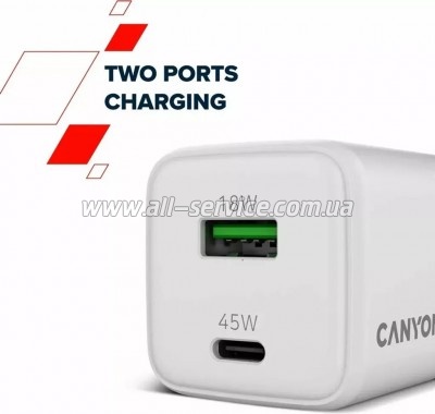 �������� ������� Canyon CU45AC GaN 45W 1xPD 1xQC EU White (CNS-CUW45AC)