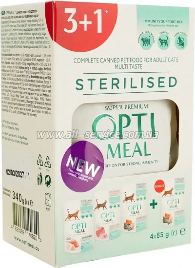 Влажный корм для кошек Optimeal для стерилизованных и кастрированных кошек №6 3+1 340 г (4820269140820) Влажный корм для кошек Optimeal для стерилизованных и кастрированных кошек №6 3+1 340 г (4820269140820)