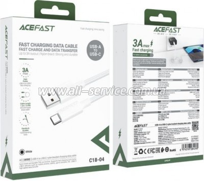 ���� ������ USB 2.0 AM to USB-C 1.2m 3A white Acefast (6974316284260)