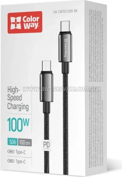 ���� ������ USB-C to USB-C 1.0m 5A 100W zinc alloy braided black ColorWay (CW-CBPDCC098-BK)