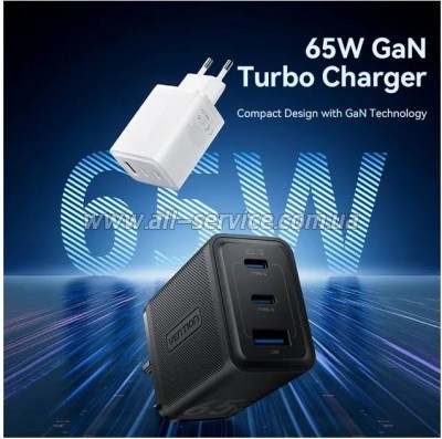 �������� ������� Vention 2xUSB-C PD65W + 1xUSB QC3.0 60W GaN white (FERW0-EU)
