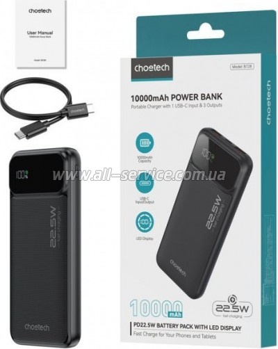   Choetech 10000mAh 22.5W, PD, QC/3.0, USB-A, USB-C, Black (B728-CCBK)