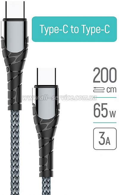   ColorWay USB-C to USB-C 2.0m PD Fast Charging 65W 3A grey (CW-CBPDCC039-GR)