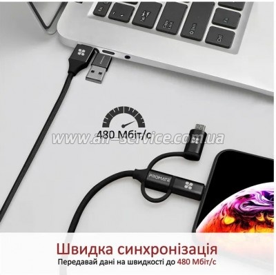 ���� ������ USB 2.0 AM to Lightning + Micro 5P + USB-C black Promate (pentapower.black)