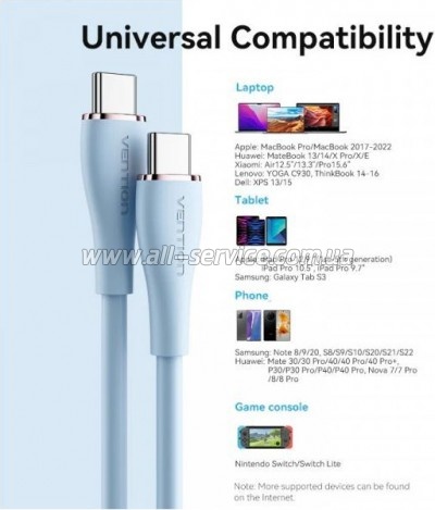 ���� ������ USB-C to 2xUSB-C 1.5m 5.0A Silicone Type Blue Vention (CTMSG)