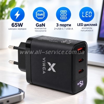 �������� ������� Vinga 2xUSB-C + USB-A Display 65W (VCR65ACCDB)