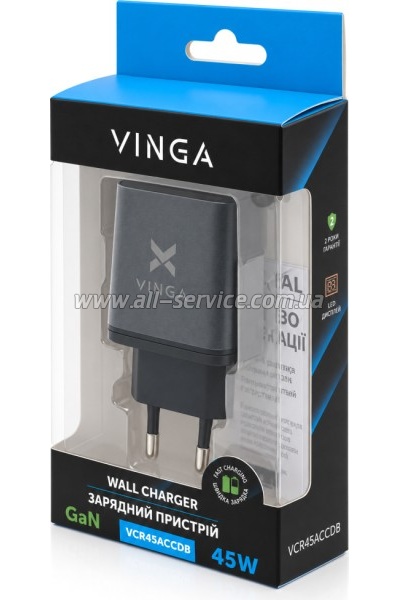 �������� ������� Vinga 2xUSB-C + USB-A Display 45W (VCR45ACCDB)