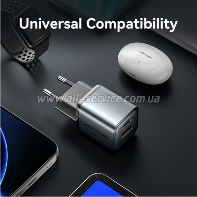 �������� ������� Vention 1xUSB-C PD30W + 1xUSB QC3.0 18W GaN gray (FEWH0-EU)