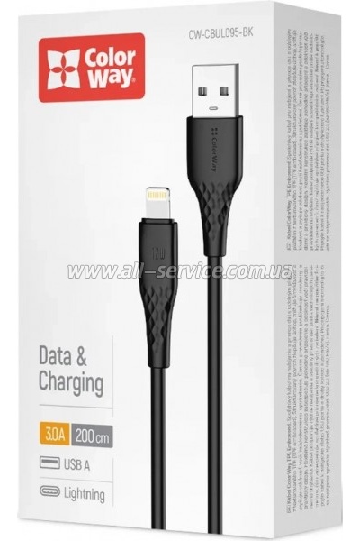 ���� ������ USB 2.0 AM to Lightning 2.0m 3A textured PVC black ColorWay (CW-CBUL095-BK)