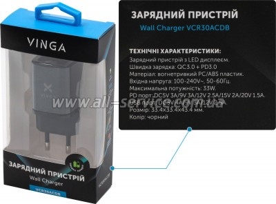 �������� ������� Vinga USB-C PD30W + USB-A QC30W Display 33W Max (VCR30ACDB)