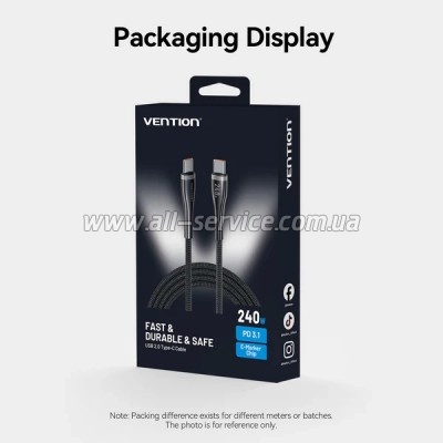 ���� ������ USB-C to USB-C 1.2m 5A nylon braided black Vention (CTYBAV)