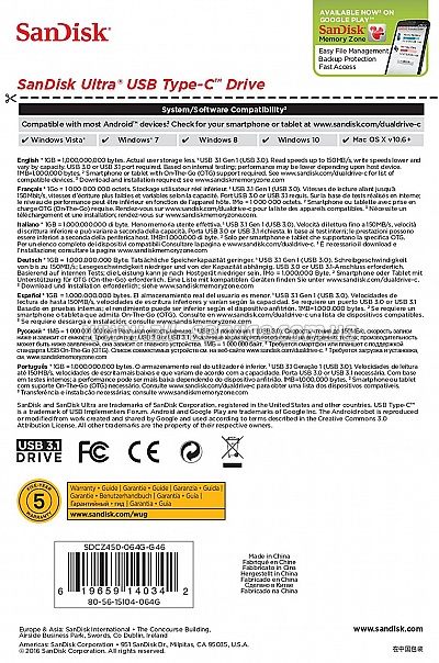 ������ SanDisk 64GB USB 3.0 Type-C Ultra (SDCZ450-064G-G46)