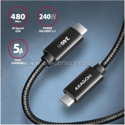 ���� ������ USB-C to USB-C 3.0m USB 2.0 PD 240W 5A black AXAGON (BUCM2-CM30AB)