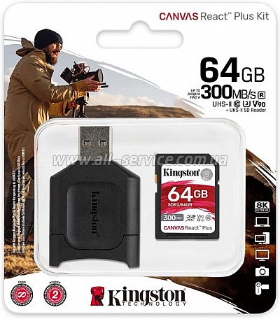   Kingston SDXC 64GB Canvas React Plus Class 10 UHS-II U3 V90 + USB- (MLPR2/64GB)