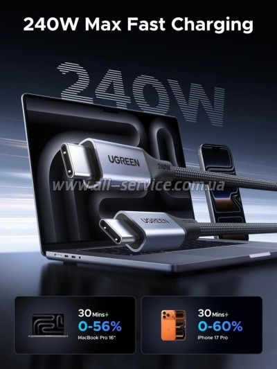 ���� ������ USB-C to USB-C 1.0m 240W 480Mbps braided black Ugreen (85973)