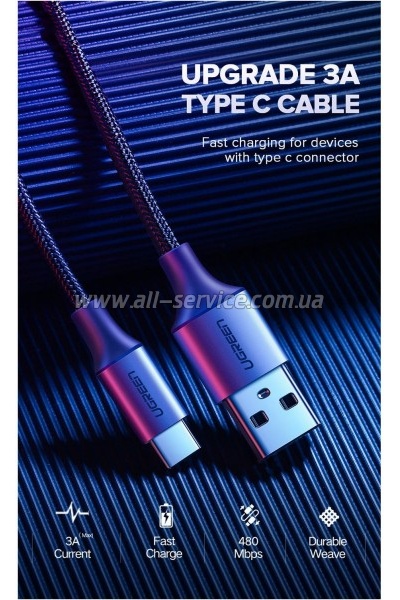 ���� ������ USB 2.0 AM to USB-C 3.0m 3.0A 18W US288 Space Gray Ugreen (60408)