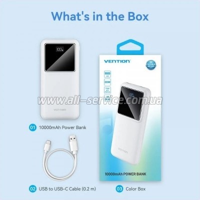   Vention 10000mAh 22.5W 3A PD, QC/3.0, LED Display, White (FHKW0)