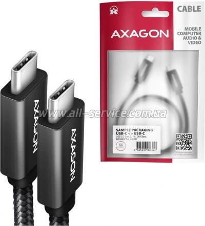 ���� ������ USB-C to USB-C 2.0m USB 3.2 Gen 2 PD 100W 5A 4K black AXAGON (BUCM32-CM20AB)