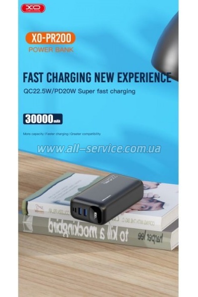   XO 30000mAh, PD/20W, QC/22.5W, black (PR200_Black)