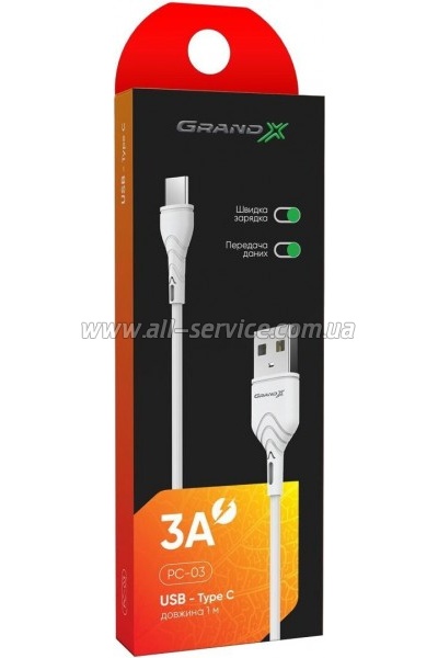 ���� ������ USB 2.0 AM to USB-C 1.0m White Grand-X (PC-03W)