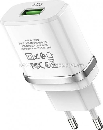 �������� ������� HOCO C12Q Smart USB QC3.0 + cable USB to USB-C 18W White (6931474716309)