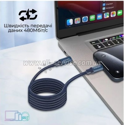 ���� ������ USB-C to USB-C 1.2m Promate (springy.blue)