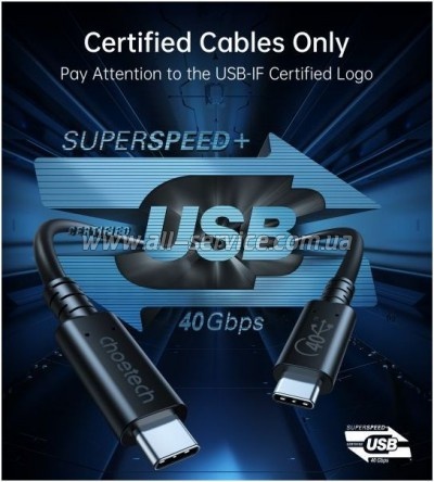 ���� ������ USB-C to USB-C 0.8m USB4 40Gbps PD 100W 8K60Hz Choetech (XCC-1028-BK)