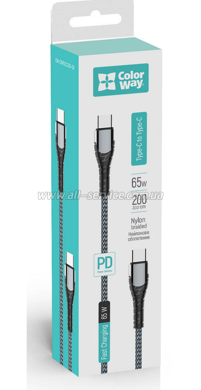   ColorWay USB-C to USB-C 2.0m PD Fast Charging 65W 3A grey (CW-CBPDCC039-GR)
