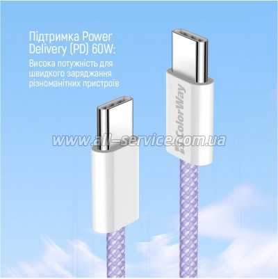 ���� ������ ColorWay USB-C to USB-C 1.0m 60W 3.0� purple (CW-CBPDCC061-PU)